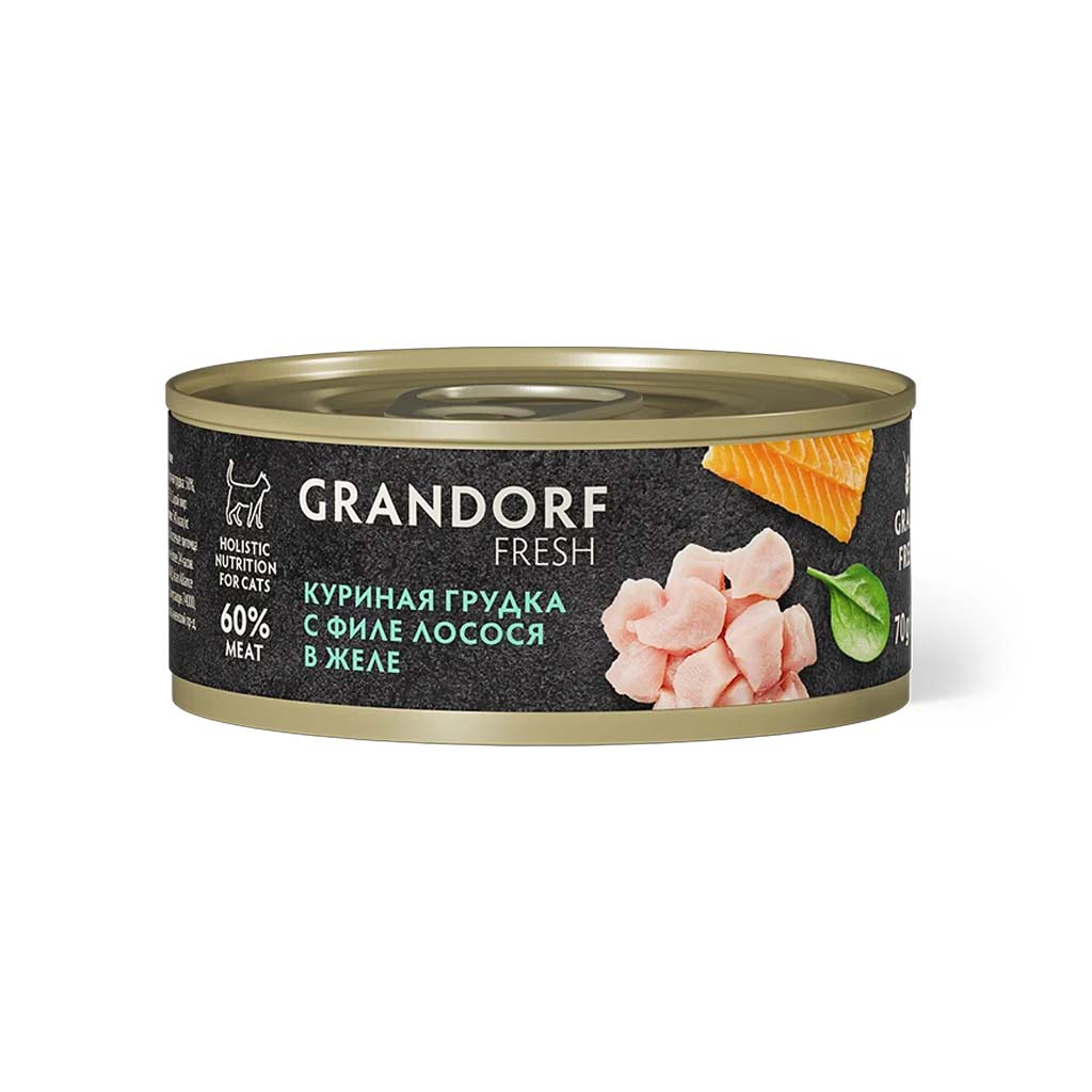 Влажный корм для кошек Grandorf Fresh «Куриная грудка с филе лосося в желе» (70 грамм)