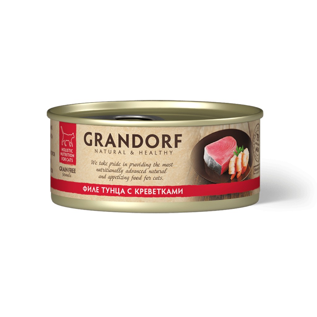 Влажный корм для кошек Grandorf «Филе тунца с креветками в собственном соку» (70 грамм)
