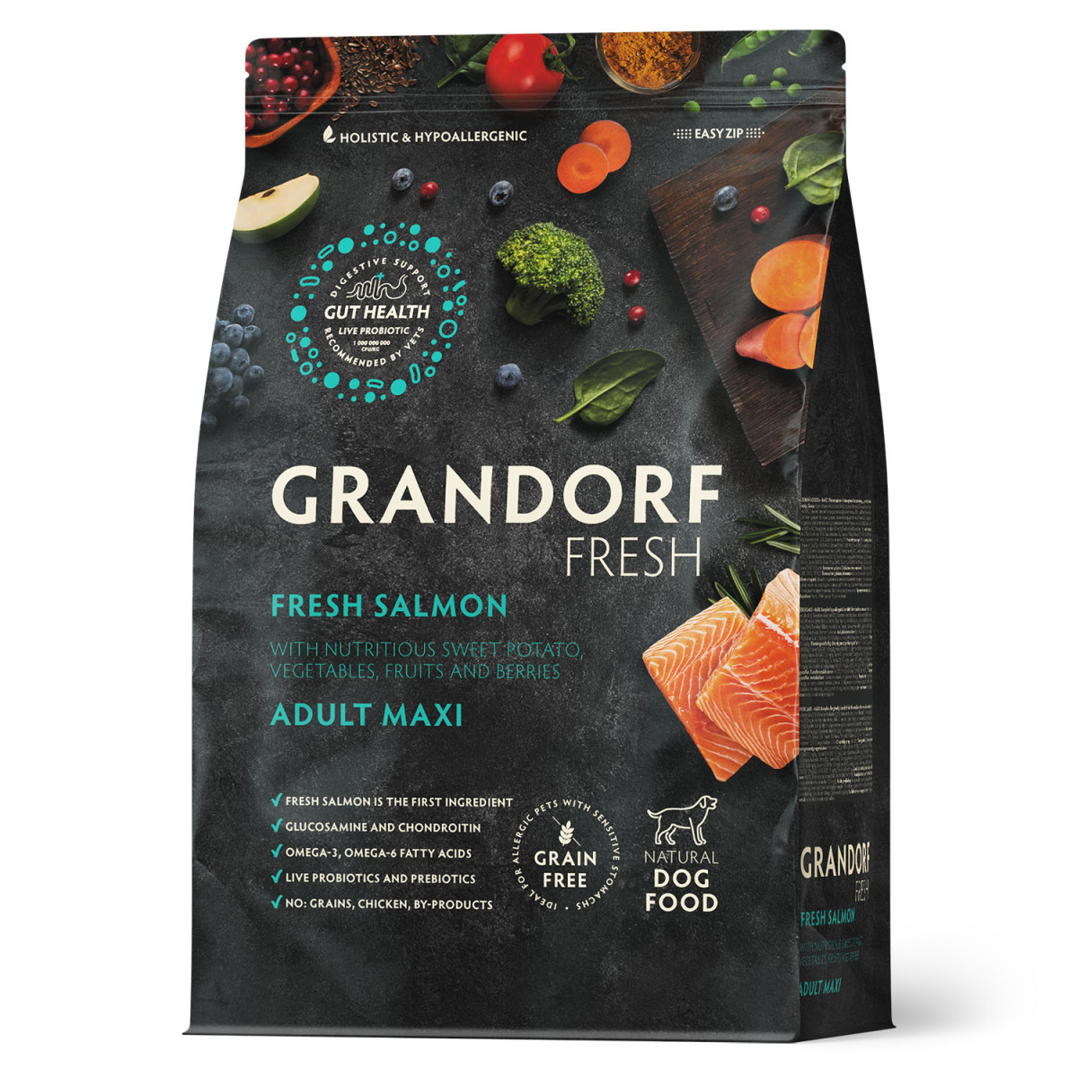 Беззерновой корм с живыми пробиотиками для собак Grandorf Fresh Adult Maxi Salmon & Sweet Potato (свежее филе лосося с бататом)