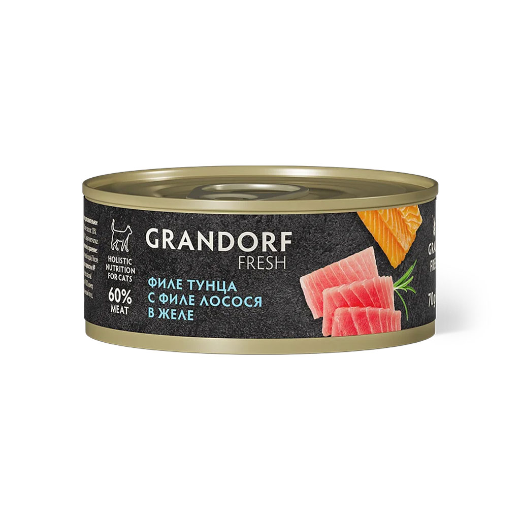 Влажный корм для кошек Grandorf Fresh «Филе тунца с филе лосося в желе» (70 грамм)