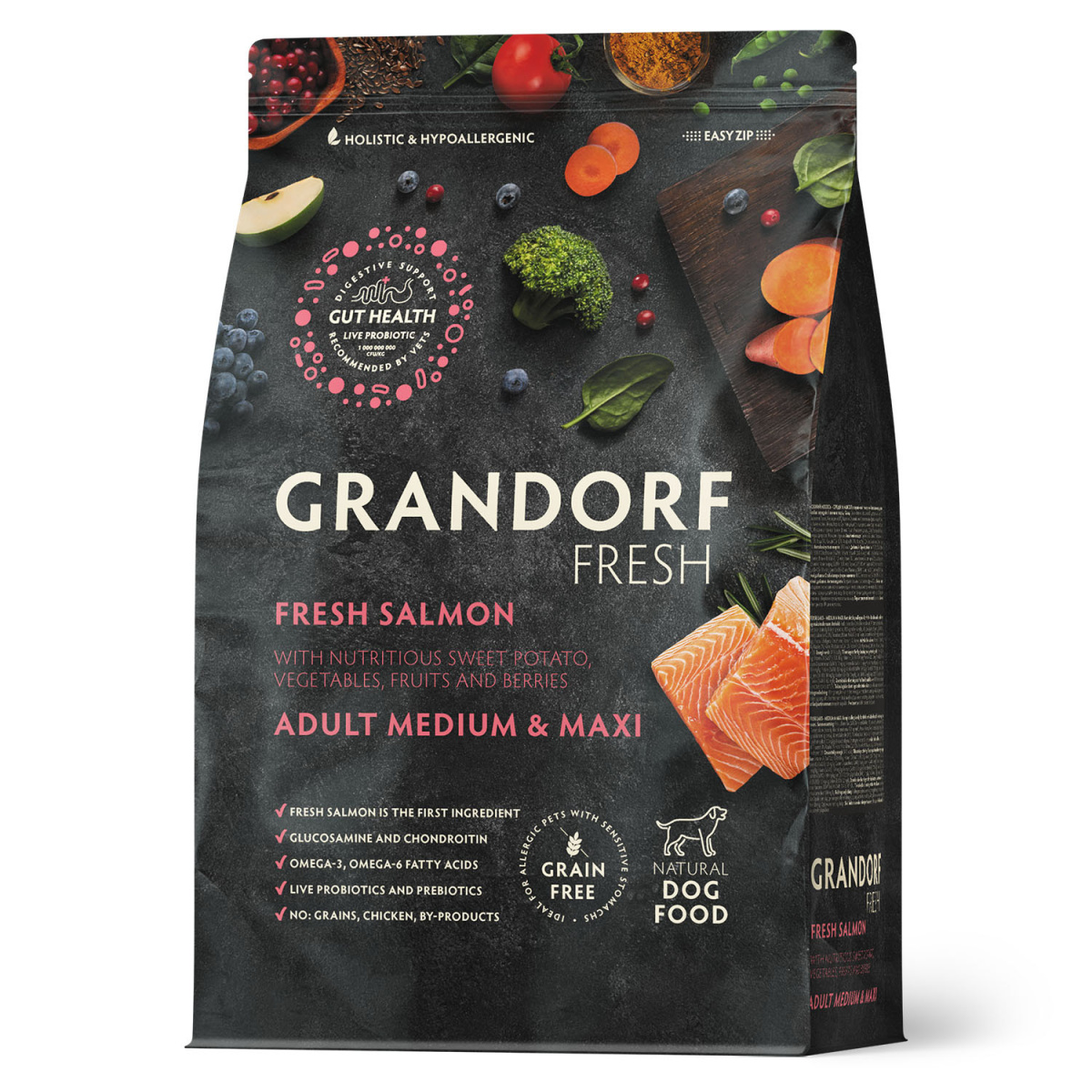 Беззерновой корм с живыми пробиотиками для собак Grandorf Fresh Adult Medium & Maxi Salmon & Sweet Potato (свежее филе лосося с бататом)